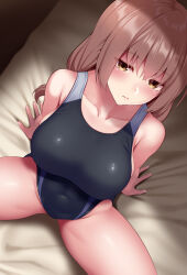 Rule 34 | 1girl, arm support, bare arms, bare shoulders, black one-piece swimsuit, blush, breasts, brown hair, closed mouth, collarbone, commentary request, competition swimsuit, covered navel, from above, huyumitsu, indoors, large breasts, long hair, looking at viewer, lying, on back, one-piece swimsuit, original, paid reward available, sitting, solo, spread legs, swimsuit, thighs, yellow eyes