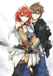 Rule 34 | 00s, 1boy, 1girl, armor, blue eyes, blush, breasts, brown hair, cecily cambell, gloves, looking at viewer, luke ainsworth, luna (reclaimed land), red eyes, red hair, seiken no blacksmith, short hair, standing, sword, thighhighs, weapon
