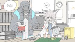 Rule 34 | 1boy, 1girl, ?, animal ears, arknights, binder, blue eyes, blush, clock, confused, cowlick, cup, cup ramen, disposable cup, doctor (arknights), electric kettle, english text, food, fox ears, fox girl, grey hair, highres, holding, holding food, holding kettle, indoors, jokebag, kettle, keyboard (computer), looking at another, male doctor (arknights), medium hair, monitor, open mouth, pointing, pointing at another, printer, refrigerator, shelf, speech bubble, sticky note, sussurro (arknights), sweat, talking, wall clock