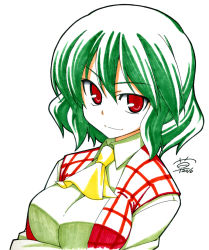 Rule 34 | 1girl, ascot, bad id, bad pixiv id, breast hold, breasts, female focus, green hair, kazami yuuka, large breasts, marker (medium), millipen (medium), plaid, plaid vest, red eyes, shikishi, simple background, smile, solo, souto, touhou, traditional media, upper body, vest, white background