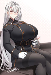 Rule 34 | 1girl, belt, black pantyhose, blush, breasts, buttons, closed mouth, couch, curvy, double-breasted, gloves, hair between eyes, high collar, highres, huge breasts, jacket, konoshige (ryuun), long hair, looking at viewer, military, military jacket, military officer (konoshige), military uniform, mimikaki, original, pantyhose, red eyes, sitting, solo, thick thighs, thighband pantyhose, thighs, uniform, very long hair, white gloves, white hair, wide hips
