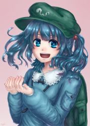Rule 34 | 1girl, artist name, backpack, bad id, bad pixiv id, bag, blue eyes, blue hair, dress, equala, gradient background, hair bobbles, hair ornament, hands up, hat, highres, kawashiro nitori, key, long sleeves, matching hair/eyes, open mouth, shirt, short hair, smile, solo, touhou, twintails, two side up, upper body, water, water drop
