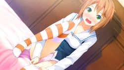 Rule 34 | 1girl, bed, blush, breasts, brown hair, donuthouse, dressing, feet, game cg, green eyes, legs, looking at viewer, mayachi (amuriya), open mouth, panties, short hair, sitting, small breasts, striped legwear, surprised, thighs, underwear, valkyrie runabout!