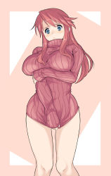 Rule 34 | 1girl, aty (summon night), blue eyes, blush, bottomless, breast hold, breasts, clothes tug, covering privates, covering crotch, curvy, embarrassed, frown, highres, hip focus, huge breasts, large breasts, long hair, naked sweater, plump, red hair, ribbed sweater, sanemichi hajime, shirt tug, solo, summon night, summon night 3, sweater, sweater tug, thigh gap, thighs, turtleneck