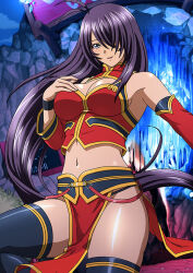 Rule 34 | 1girl, alternate costume, black thighhighs, breasts, cleavage, cowboy shot, crop top, detached sleeves, floating hair, grey eyes, hair over one eye, ikkitousen, kan&#039;u unchou, large breasts, long hair, long sleeves, midriff, navel, open mouth, pelvic curtain, purple hair, red sleeves, shiny clothes, shiny legwear, sideboob, solo, standing, stomach, thighhighs, very long hair