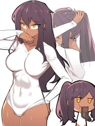 Rule 34 | 1girl, abs, breasts, brown hair, chibi, commentary request, cowboy shot, dark-skinned female, dark skin, eating clothes, girls&#039; frontline, hand on own ass, hand to own mouth, highres, korean commentary, large breasts, leotard, long sleeves, multiple views, pinkboy, ponytail, saiga-12 (girls&#039; frontline), sock in mouth, tying hair, white leotard, yellow eyes
