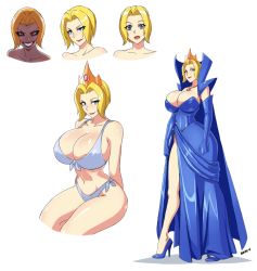 Rule 34 | 1girl, bare arms, bare shoulders, bikini, blonde hair, blue dress, blue eyes, breasts, cleavage, crown, curvy, dark persona, devil-v, dress, elbow gloves, full body, gloves, heels, high heels, highres, huge breasts, legs, lipstick, makeup, multiple views, navel, original, princess, red lips, short hair, stomach, swimsuit, thick thighs, thighs, wide hips