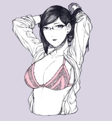 Rule 34 | 1girl, arms up, bra, breasts, cleavage, closed mouth, collarbone, commentary, english commentary, glasses, grey background, greyscale, greyscale with colored background, large breasts, lips, long sleeves, looking at viewer, mature female, medium hair, mole, mole under mouth, monochrome, nattapuumuu, open clothes, open shirt, original, partially colored, pink bra, scrunchie, simple background, solo, underwear