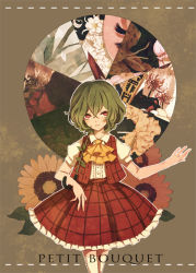 Rule 34 | 1girl, ascot, buttons, collared shirt, cowboy shot, female focus, flower, flower request, french text, frilled skirt, frills, green hair, kazami yuuka, looking at viewer, open mouth, parasol, plaid, plaid skirt, plaid vest, puffy short sleeves, puffy sleeves, red eyes, red skirt, red vest, rinka, rod of remorse, shiki eiki, shirt, short hair, short sleeves, skirt, solo, spider lily, sunflower, thighhighs, touhou, umbrella, vest, white shirt, white thighhighs, yellow ascot, zettai ryouiki