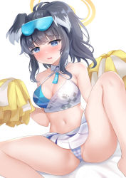 Rule 34 | 1girl, animal ears, bad id, bad twitter id, bare shoulders, blue archive, blue eyes, blush, breasts, cheerleader, cleavage, criss-cross halter, crop top, dog ears, dog girl, eyewear on head, halo, halterneck, hibiki (blue archive), hibiki (cheer squad) (blue archive), holding, holding pom poms, knee up, long hair, looking at viewer, medium breasts, millennium cheerleader outfit (blue archive), miniskirt, navel, nikoo, panties, parted lips, pleated skirt, pom pom (cheerleading), pom poms, ponytail, raised eyebrows, simple background, skirt, solo, spread legs, stomach, striped clothes, striped panties, thighs, underwear, white background, white skirt