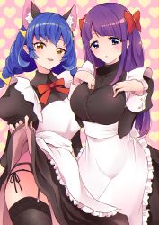 Rule 34 | 2girls, absurdres, alternate costume, animal ears, black legwear, black panties, black skirt, blue cat (precure), blue eyes, bow, breasts, cat ears, clothes lift, commentary request, enmaided, garter belt, hair bow, heart, heart background, highres, kaguya madoka, large breasts, lifted by self, long hair, long sleeves, looking at viewer, maid, maid headdress, mikorin, multiple girls, panties, pink background, precure, purple hair, red bow, red neckwear, red ribbon, ribbon, side-tie panties, skirt, skirt lift, smile, star twinkle precure, thighhighs, twintails, underwear, yellow eyes, yuni (precure)