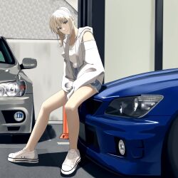 Rule 34 | 1girl, absurdres, blonde hair, blue shorts, car, closed mouth, clothing cutout, commentary request, highres, hood, hooded jacket, jacket, long sleeves, looking at viewer, love live!, love live! nijigasaki high school idol club, medium hair, miyashita ai, motor vehicle, orange eyes, ponytail, s sho mkrn, shadow, shirt, shoes, shorts, shoulder cutout, sidelocks, sitting, sleeves past fingers, sleeves past wrists, solo, toyota, toyota altezza, white footwear, white jacket, white shirt