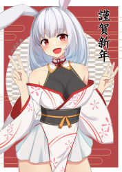 Rule 34 | 1girl, akahi242, animal ears, bare shoulders, blush, border, breasts, chinese zodiac, cleavage, commentary request, cowboy shot, grey hair, happy new year, highres, long hair, looking at viewer, medium breasts, multicolored background, new year, nontraditional miko, open mouth, original, rabbit ears, rabbit girl, red eyes, skirt, smile, solo, translation request, v, w, white border, white skirt, yagasuri, year of the rabbit