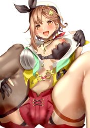 Rule 34 | 1girl, atelier (series), atelier ryza, atelier ryza 2, braid, breasts, brown eyes, brown gloves, brown hair, cameltoe, gloves, hair ornament, highres, jacket, jewelry, key, key necklace, large breasts, navel, necklace, nipples, open mouth, red shorts, reisalin stout, removing bra, sakusakusakurai, short hair, short shorts, shorts, single thighhigh, sweat, thick thighs, thigh strap, thighhighs, thighs, undressing, white background, white headwear, yellow jacket
