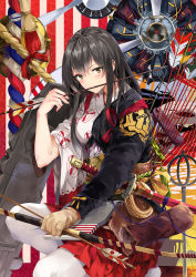 Rule 34 | 1girl, akagi (kancolle), archery, arrow (projectile), arrow in mouth, black hair, bow (weapon), commentary request, engine, highres, igote, japanese clothes, kantai collection, looking at viewer, mouth hold, neko (yanshoujie), new year, propeller, solo, sword, weapon, yellow eyes