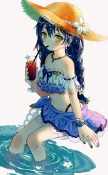 Rule 34 | 1girl, absurdres, bendy straw, bikini, blue hair, blush, braid, commentary request, cup, drink, drinking, drinking glass, drinking straw, female focus, frilled bikini, frills, hair ornament, hat, highres, jewelry, long hair, looking at viewer, love live!, love live! school idol festival all stars, love live! school idol project, myon rio, necklace, simple background, sitting, solo, sonoda umi, swimsuit, tropical drink, twin braids, water