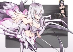 2girls absurdres arachne ariel_(kumo_desu_ga_nani_ka?) arm_up arthropod_girl arthropod_limbs blush breasts bug carapace el_genso extra_eyes extra_legs highres holding holding_scythe insect_girl kumo_desu_ga_nani_ka? kumoko_(kumo_desu_ga_nani_ka?) large_breasts long_hair looking_at_viewer monster_girl multiple_girls multiple_legs navel open_mouth red_eyes scythe short_hair simple_background smile spider spider_girl taur