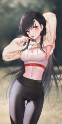 Rule 34 | 1girl, arm behind head, arm up, armpit peek, armpits, black hair, black pants, blurry, breasts, cleavage, crop top, depth of field, drawstring, earrings, frown, hair tie in mouth, hand up, high-waist pants, highres, hood, hood down, jewelry, kh (kh 1128), large breasts, long hair, long sleeves, looking at viewer, midriff, mole, mole under eye, mouth hold, nail polish, navel, necklace, orange eyes, original, pants, ring, shirt, shrug (clothing), sleeveless, sleeveless shirt, solo, standing, stomach, thigh gap, v-shaped eyebrows, very long hair, white shirt, yoga pants