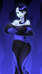 1girl artist_name batman_(series) batman_beyond black_bodysuit black_eyes black_hair black_lips blue_background blue_bodysuit blue_hair blue_skin bodysuit breast_expansion breasts cleavage collarbone colored_skin dc_comics dress eyebrows eyelashes feet_out_of_frame grabbing_own_breast gradient_background groin hair_over_shoulder inque large_breasts lipstick liquid_clothes long_hair makeup meltyvixen monster_girl multicolored_bodysuit multicolored_clothes multicolored_hair pale_skin purple_hair slime_(substance) slime_girl smile solo teeth