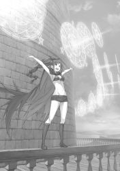 Rule 34 | 1girl, arms up, belt, bikini, bikini top only, black shorts, boots, braid, breasts, cape, cleavage, extra pupils, front-tie bikini top, front-tie top, greyscale, hair ribbon, high ponytail, highres, knee boots, long hair, looking away, medium breasts, monochrome, novel illustration, official art, on railing, ootsuka shin&#039;ichirou, open mouth, outstretched arms, railing, re:zero kara hajimeru isekai seikatsu, ribbon, shaula (re:zero), short shorts, shorts, single braid, sky, smile, solo, standing, swimsuit, torn clothes