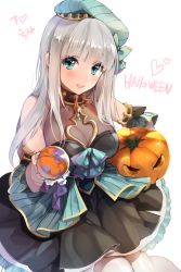 Rule 34 | 1girl, :d, aqua eyes, bare shoulders, black dress, blush, borrowed character, bow, breasts, cleavage, dress, gem, gift, grey hair, halloween, hat, hat bow, ice (ice aptx), jack-o&#039;-lantern, jewelry, large breasts, open mouth, original, pumpkin, simple background, smile, solo, white background, white legwear
