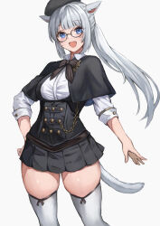 Rule 34 | 1girl, animal ears, beret, black capelet, black skirt, blue eyes, blush, bow, bowtie, capelet, cat ears, cat girl, cat tail, cowboy shot, facial mark, final fantasy, final fantasy xiv, glasses, grey background, grey hair, grey tail, hand on own hip, hat, highres, long hair, looking at viewer, miqo&#039;te, open mouth, pleated skirt, ponytail, shirt, simple background, skindentation, skirt, solo, striped bow, striped bowtie, striped clothes, tail, thighhighs, thighs, torisanff14, warrior of light (ff14), whisker markings, white shirt, white thighhighs, zettai ryouiki