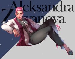 Rule 34 | 10s, 1girl, 2016, alternate costume, artist name, buttons, character name, closed mouth, coat, collared shirt, dated, dress shirt, fingernails, formal, full body, green eyes, grey pants, grey shirt, high heels, highres, hwin, lipstick, looking to the side, makeup, nail polish, necktie, nose, open clothes, open coat, overwatch, overwatch 1, pants, pink hair, pink lips, pink nails, purple scarf, scar, scar across eye, scar on face, scarf, shirt, short hair, signature, solo, suspenders, undercut, white coat, white necktie, zarya (overwatch)