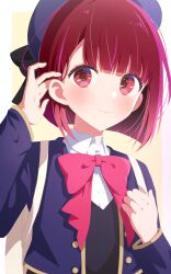 Rule 34 | 1girl, absurdres, arima kana, beret, blue hat, blue jacket, blunt bangs, blush, bob cut, bow, bowtie, closed mouth, collared shirt, commentary, hair behind ear, hat, highres, jacket, long sleeves, looking at viewer, misyune, oshi no ko, pink bow, pink bowtie, red eyes, red hair, shirt, short hair, solo, tucking hair, upper body, white shirt