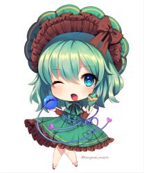 Rule 34 | 1girl, alternate costume, artist name, blue eyes, blush, bobby socks, bow, bowtie, brown bow, brown footwear, brown shirt, chibi, commentary request, crepe, dress, food, frills, full body, green bow, green bowtie, green dress, green hair, hair between eyes, hands up, hat, hat bow, headdress, heart, heart of string, holding, holding food, komeiji koishi, lolita fashion, long sleeves, looking at viewer, marota, one eye closed, open mouth, petticoat, shirt, shoes, short hair, simple background, socks, solo, third eye, touhou, twitter username, white background, white socks