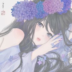 Rule 34 | 1girl, black hair, blue flower, commentary request, flower, flower ring, hair flower, hair ornament, head wreath, highres, hydrangea, japanese clothes, jewelry, kimono, long hair, long sleeves, looking at viewer, lying, nail polish, off shoulder, on side, original, parted lips, pink flower, portrait, purple eyes, purple flower, purple kimono, purple nails, ring, seal impression, signature, solo, ushiyama ame