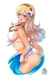Rule 34 | 1girl, ass, bikini, breasts, corrin (female) (fire emblem), corrin (fire emblem), fire emblem, fire emblem fates, fire emblem heroes, flower, huge ass, large breasts, long hair, nintendo, open mouth, pointy ears, red eyes, revolverwing, sideboob, silver hair, smile, solo, swimsuit