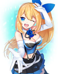 Rule 34 | 1girl, ;d, ayamori mimi, bare shoulders, blonde hair, blue bow, blue eyes, bow, breasts, bustier, cleavage, elbow gloves, garter straps, gloves, hair bow, highres, large breasts, long hair, looking at viewer, midriff, mirai akari, mirai akari project, one eye closed, open mouth, pleated skirt, side ponytail, skirt, smile, solo, suspender skirt, suspenders, thighhighs, very long hair, virtual youtuber, white gloves