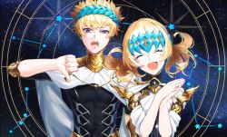 Rule 34 | 1boy, 1girl, ^ ^, armlet, armor, artist request, bare shoulders, black shirt, blonde hair, blue eyes, breasts, brother and sister, castor (fate), closed eyes, collar, constellation, diadem, fate/grand order, fate (series), gemini (constellation), jewelry, medium hair, metal collar, necklace, night, night sky, open mouth, own hands together, pauldrons, pollux (fate), robe, shirt, short hair, shoulder armor, siblings, sky, small breasts, smile, star (sky), thumbs down, twins, white robe