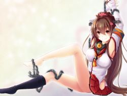 Rule 34 | 10s, 1girl, anchor, armpits, arms up, barefoot, black thighhighs, breasts, brown eyes, brown hair, chain, cherry blossoms, detached sleeves, flower, hair flower, hair ornament, ichika 5259, kantai collection, kikumon, large breasts, long hair, miniskirt, pleated skirt, ponytail, single thighhigh, skirt, solo, thighhighs, very long hair, yamato (kancolle)