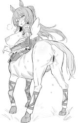 Rule 34 | 1girl, after vaginal, aftersex, animal ears, anus, armor, bad id, bad twitter id, bar censor, barbarian tk, blush, breasts, censored, centaur, character request, copyright request, cum, cum in pussy, fake wings, greyscale, horse ears, horse girl, horse tail, large breasts, long hair, monochrome, ponytail, pussy, sweat, tagme, tail, taur, wings
