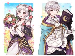 Rule 34 | 1boy, 1girl, ascot, black gloves, black pants, blue cape, blush, book, brown eyes, cape, collarbone, commentary request, fire emblem, fire emblem awakening, fire emblem heroes, flower, gloves, gold trim, hair between eyes, hair flower, hair ornament, head wreath, highres, holding, holding book, long hair, long sleeves, looking at viewer, misato hao, nintendo, off shoulder, official alternate costume, pants, petals, pink flower, robin (female) (fire emblem), robin (female) (valentine) (fire emblem), robin (fire emblem), robin (male) (exalt&#039;s deliverer) (fire emblem), robin (male) (fire emblem), short hair, smile, swept bangs, twintails, white ascot, white pants