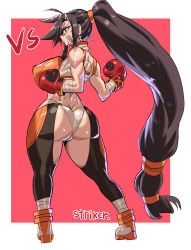 Rule 34 | 1girl, ass, bandage on face, bandages, bare shoulders, big hair, boxing gloves, breasts, brown hair, butt crack, dnf duel, dungeon and fighter, fighter (dungeon and fighter), from behind, full body, gamjasssak, highres, huge breasts, impossible clothes, long hair, muscular, solo, standing, striker (dungeon and fighter), thick thighs, thighs, very long hair