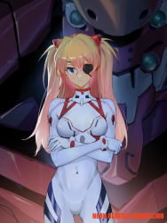Rule 34 | 1girl, artist request, blue eyes, bodysuit, breasts, brown hair, cowboy shot, crossed arms, eva 02, evangelion: 3.0+1.0 thrice upon a time, eyepatch, gloves, hair ornament, highres, long hair, looking at viewer, mecha, medium breasts, neon genesis evangelion, one eye covered, plugsuit, rebuild of evangelion, robot, shiny clothes, skin tight, solo, souryuu asuka langley, standing, twintails, two side up, very long hair, white bodysuit, white gloves