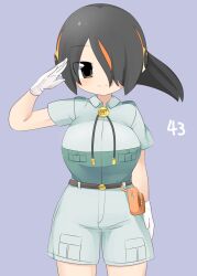 Rule 34 | 1girl, belt, black hair, blush, bolo tie, breast pocket, breasts, brown belt, brown eyes, captain (kemono friends), captain (kemono friends) (cosplay), closed mouth, commentary request, cosplay, cowboy shot, emperor penguin (kemono friends), gloves, grey background, grey shirt, grey shorts, hair between eyes, hair over one eye, headphones, highres, kemono friends, kemono friends 3, large breasts, lets0020, long bangs, looking at viewer, multicolored hair, numbered, orange hair, pocket, pouch, salute, shirt, short hair, shorts, simple background, smile, solo, streaked hair, tented shirt, white gloves
