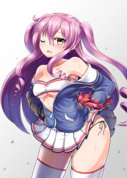 Rule 34 | 1girl, azur lane, bare shoulders, blush, bra, breasts, cleavage, collarbone, craven (azur lane), jacket, long hair, looking at viewer, medium breasts, one eye closed, open mouth, optronics, panties, pom pom (cheerleading), purple hair, solo, standing, sweat, thighhighs, underwear, white background, yellow eyes