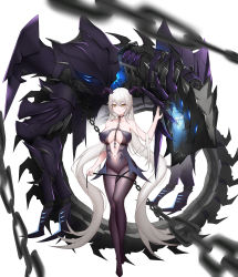 Rule 34 | 1girl, absurdres, aegir (azur lane), arm up, azur lane, bare shoulders, black pantyhose, bodystocking, breasts, chain, closed mouth, collar, collarbone, demon horns, full body, hair between eyes, highres, holding, holding ribbon, horns, jin mu mulin, large breasts, lips, long hair, looking at viewer, navel, pantyhose, ribbon, silver hair, solo, standing, very long hair, white background, yellow eyes