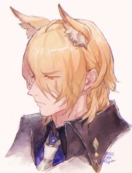 Rule 34 | 1boy, animal ear fluff, animal ears, arknights, black coat, blonde hair, blue shirt, coat, collared shirt, cropped head, dated, eyes visible through hair, frown, hair over one eye, horse boy, horse ears, looking to the side, male focus, mlynar (arknights), necktie, oisyox72, orange eyes, portrait, shirt, short hair, signature, solo, white necktie