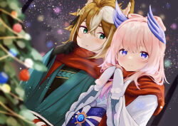 Rule 34 | 1boy, 1girl, alternate costume, animal ears, black gloves, blue eyes, blue horns, blurry, blush, bokeh, bow-shaped hair, calamy, christmas tree, colored tips, depth of field, dog boy, dog ears, dutch angle, fake horns, fireworks, frilled sleeves, frills, genshin impact, gloves, gorou (genshin impact), green eyes, green kimono, hair between eyes, hair ornament, hand up, hands up, hetero, highres, horns, japanese clothes, kimono, kouhaku nawa, light smile, long hair, looking at another, looking at viewer, mittens, multicolored hair, orange hair, pink hair, purple hair, red scarf, rope, rope belt, sangonomiya kokomi, scarf, shimenawa, streaked hair, upper body, vision (genshin impact), white hair, white kimono, white mittens, wide sleeves