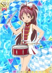 Rule 34 | 10s, 1girl, band uniform, boots, card (medium), drum, drumsticks, fang, gloves, hat, hat feather, instrument, knee boots, long hair, mahou shoujo madoka magica, mahou shoujo madoka magica plus, official art, ponytail, red eyes, red hair, sakura kyoko, skirt, smile, solo, trading card, white gloves