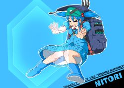 Rule 34 | &gt; &lt;, 1girl, :d, > <, backpack, bag, blue hair, character name, closed eyes, female focus, hair bobbles, hair ornament, hat, hopeless masquerade, iromeki overdrive, kawashiro nitori, key, open mouth, pocket, short hair, skirt, smile, solo, touhou, twintails, two side up, xd
