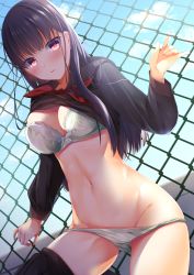 Rule 34 | 1girl, black hair, black sailor collar, black shirt, black skirt, blue sky, blush, bow, bow bra, bra, breasts, chain-link fence, cleavage, clothes lift, commentary, day, drop.b, fence, highres, lace, lace-trimmed bra, lace trim, long sleeves, looking at viewer, medium breasts, navel, original, outdoors, panties, panty pull, parted lips, pleated skirt, red eyes, sailor collar, school uniform, serafuku, shirt, shirt lift, sidelocks, skirt, unworn skirt, sky, solo, thighs, underwear, uniform, white bra, white panties