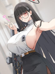 Rule 34 | 1girl, armpits, bad anatomy, bad arm, bespectacled, black hair, black skirt, blue archive, blush, breasts, brown pantyhose, cowboy shot, glasses, gun, hair ornament, hairpin, halo, heart, highres, keenh, kriss vector, large breasts, long hair, looking at viewer, one eye closed, pantyhose, parted lips, pencil skirt, red eyes, rio (blue archive), round eyewear, shirt, sideboob, signature, skirt, solo, submachine gun, weapon, white shirt