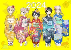 Rule 34 | 2024, bags under eyes, black hair, blue kimono, breasts, floral print, floral print kimono, flower, hair flower, hair ornament, highres, japanese clothes, katou asuka, kimono, kuroki tomoko, long hair, looking at viewer, motomiki, multiple girls, nemoto hina, new year, obi, pink kimono, print kimono, red kimono, sash, smile, tamura yuri, uchi emiri, watashi ga motenai no wa dou kangaetemo omaera ga warui!, wide sleeves, yukata