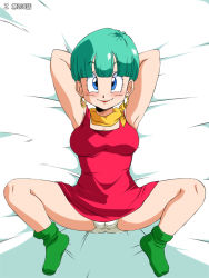 Rule 34 | 1girl, alternate hairstyle, amedama akihito, armpits, arms up, bed, blue eyes, blush, breasts, bulma, cameltoe, closed mouth, dragon ball, dragonball z, dress, earrings, feet, female focus, from above, full body, green hair, green socks, groin, hoop earrings, jewelry, legs, lipstick, looking at viewer, lying, makeup, medium breasts, old school academy, panties, pantyshot, red dress, red lips, scarf, sleeveless, smile, socks, solo, spread legs, thighs, underwear, white background, white panties