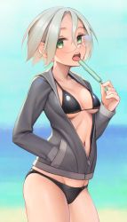 Rule 34 | 1girl, bikini, bikini under clothes, black bikini, blue sky, blurry, blurry background, blush, breasts, cleavage, collarbone, commentary request, cowboy shot, day, depth of field, eating, food, glasses, green eyes, grey jacket, hair between eyes, hand in pocket, highres, holding, holding food, horizon, jacket, long sleeves, looking at viewer, medium breasts, navel, ocean, open clothes, open jacket, open mouth, original, outdoors, popsicle, rimless eyewear, rotix, short hair, silver hair, sky, solo, swimsuit, teeth, tongue, tongue out, upper teeth only